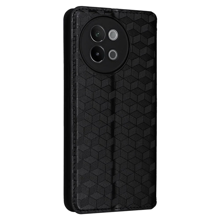 For vivo S18e 5G Leather Case Magnetic Closure Phone Cover Rhombus Pattern - Black - 6