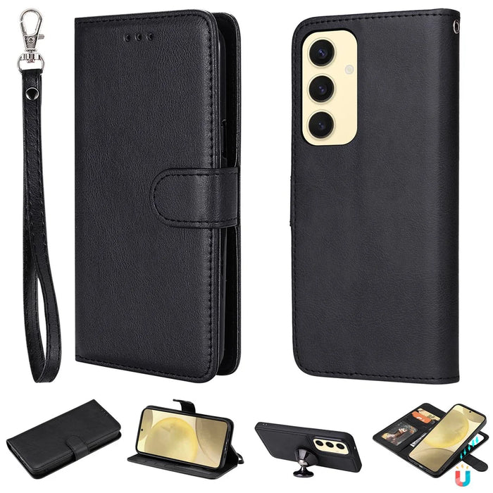 For Samsung Galaxy S25 / S24 Case 2 in 1 Detachable Magnetic Leather Wallet Mobile Cover with Strap - Black - 1