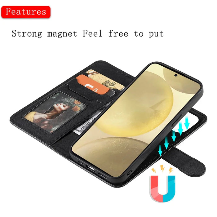 For Samsung Galaxy S25 / S24 Case 2 in 1 Detachable Magnetic Leather Wallet Mobile Cover with Strap - Black - 5