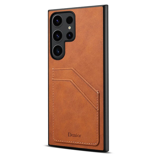 DENIOR For Samsung Galaxy S23 Ultra Case PU Leather Coated PC+TPU Dual Card Holders Phone Cover - Brown - 1