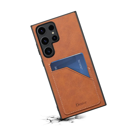 DENIOR For Samsung Galaxy S23 Ultra Case PU Leather Coated PC+TPU Dual Card Holders Phone Cover - Brown - 2