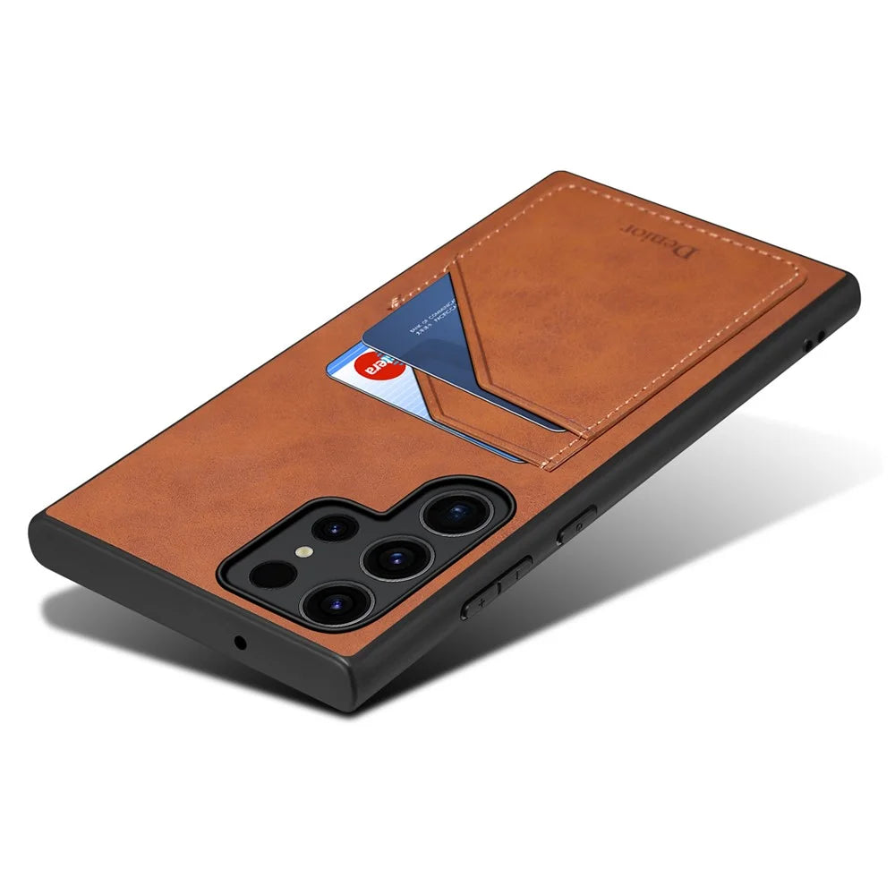 DENIOR For Samsung Galaxy S23 Ultra Case PU Leather Coated PC+TPU Dual Card Holders Phone Cover - Brown - 3