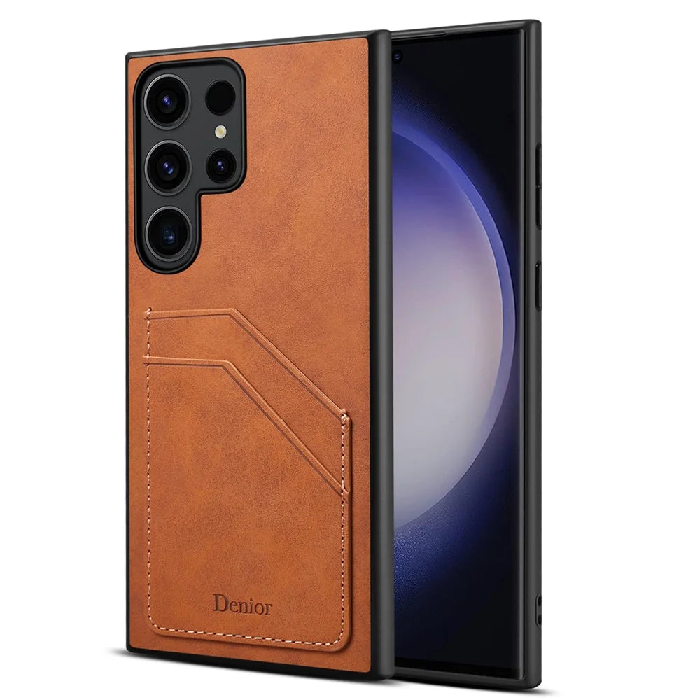 DENIOR For Samsung Galaxy S23 Ultra Case PU Leather Coated PC+TPU Dual Card Holders Phone Cover - Brown - 4