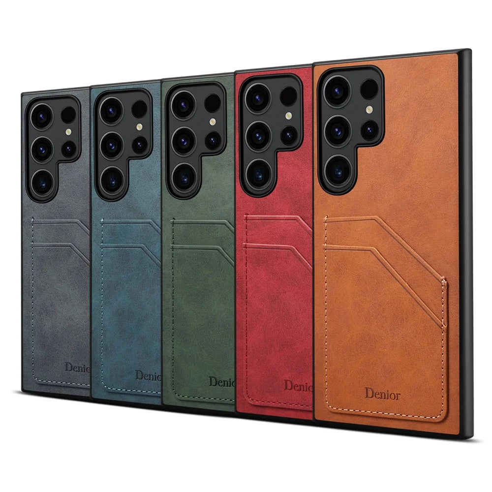 DENIOR For Samsung Galaxy S23 Ultra Case PU Leather Coated PC+TPU Dual Card Holders Phone Cover - Brown - 5