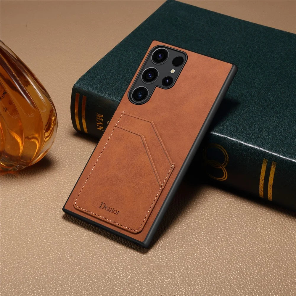 DENIOR For Samsung Galaxy S23 Ultra Case PU Leather Coated PC+TPU Dual Card Holders Phone Cover - Brown - 6