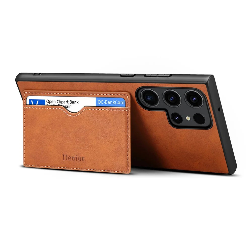DENIOR For Samsung Galaxy S23 Ultra Magnetic Case Retro Card Holder Kickstand Back Shell - Brown - 2