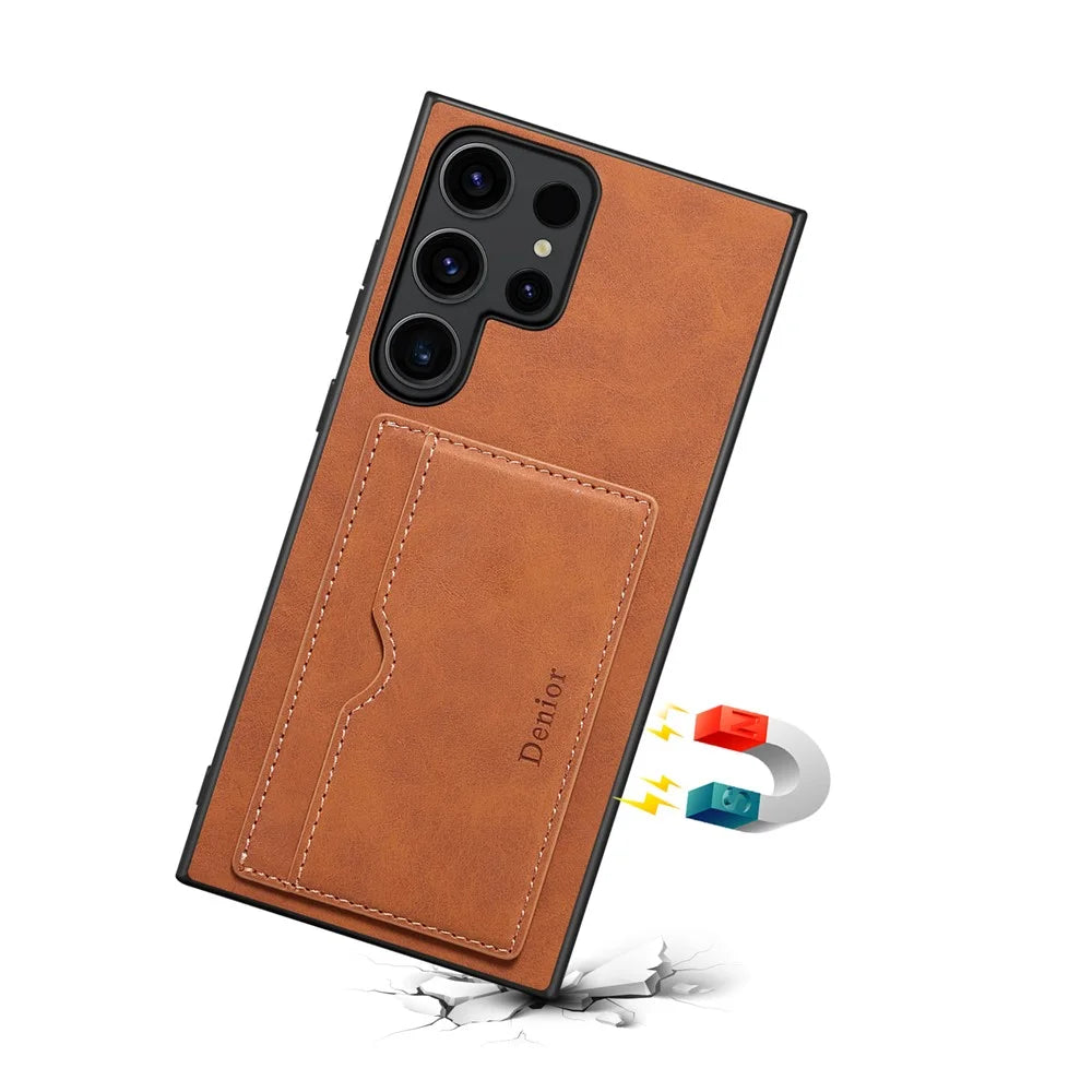 DENIOR For Samsung Galaxy S23 Ultra Magnetic Case Retro Card Holder Kickstand Back Shell - Brown - 3