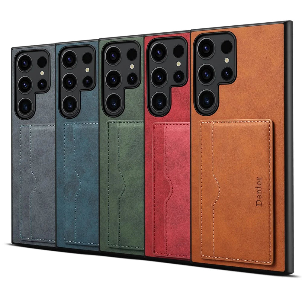 DENIOR For Samsung Galaxy S23 Ultra Magnetic Case Retro Card Holder Kickstand Back Shell - Brown - 5