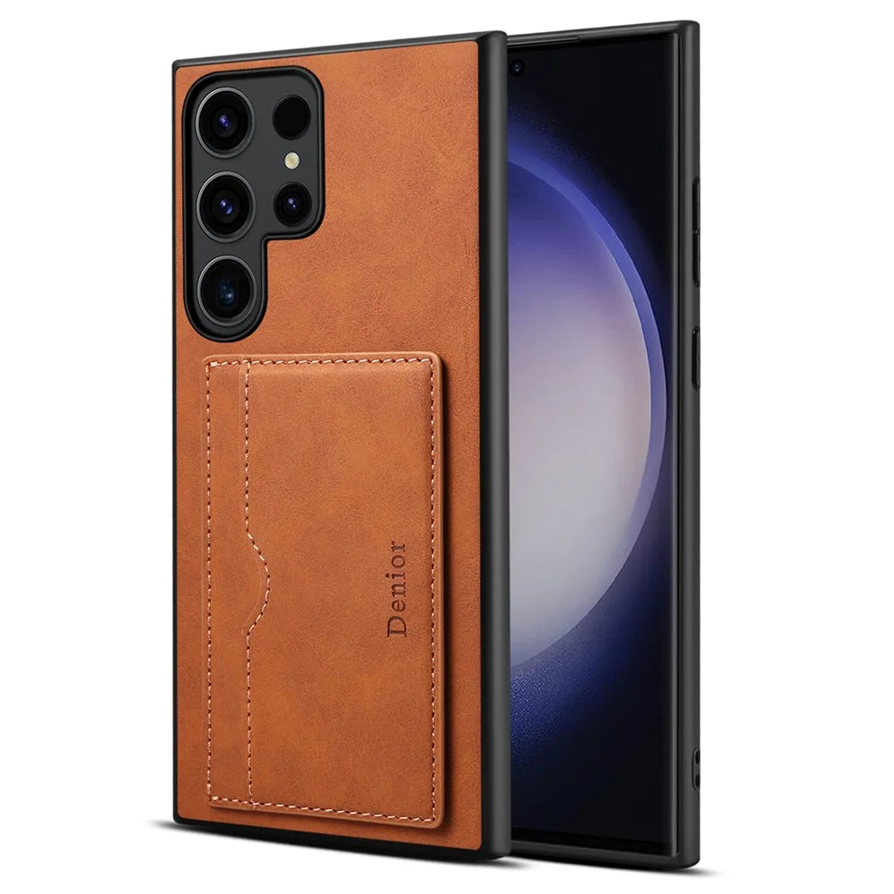DENIOR For Samsung Galaxy S24 Ultra Cell Phone Case Vintage Texture Shell with Card Holder Kickstand - Brown - 4