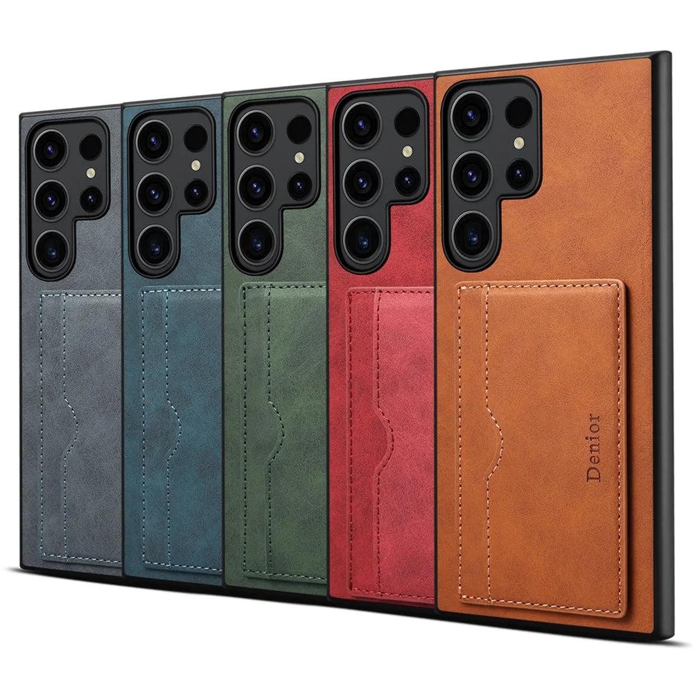 DENIOR For Samsung Galaxy S24 Ultra Cell Phone Case Vintage Texture Shell with Card Holder Kickstand - Brown - 5