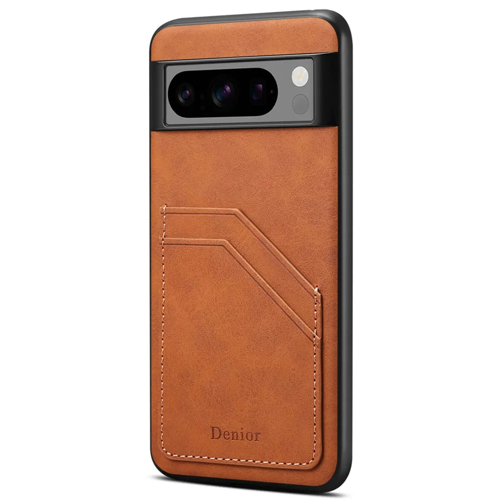 DENIOR For Google Pixel 8 Pro Cell Phone Case Retro Dual Card Slots Back Shell - Brown - 1