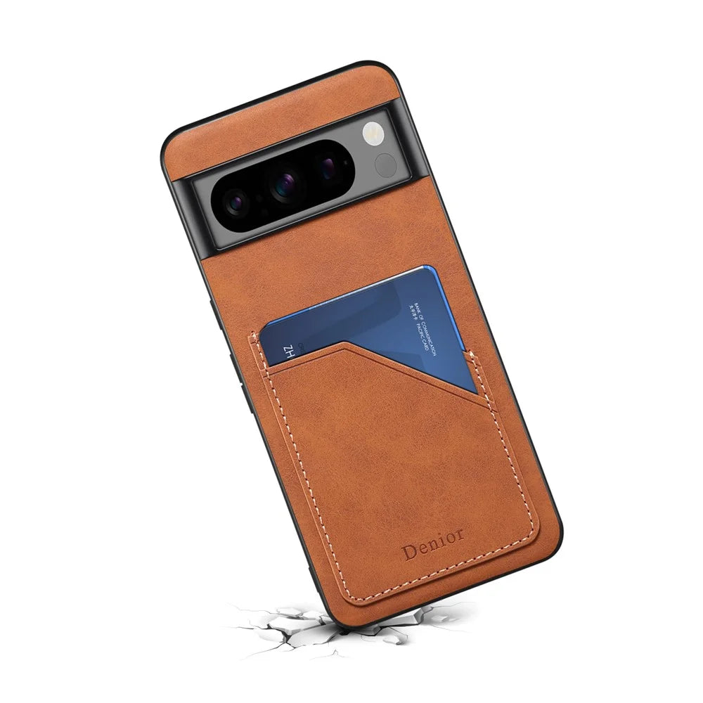 DENIOR For Google Pixel 8 Pro Cell Phone Case Retro Dual Card Slots Back Shell - Brown - 2
