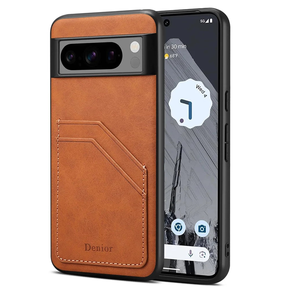 DENIOR For Google Pixel 8 Pro Cell Phone Case Retro Dual Card Slots Back Shell - Brown - 4