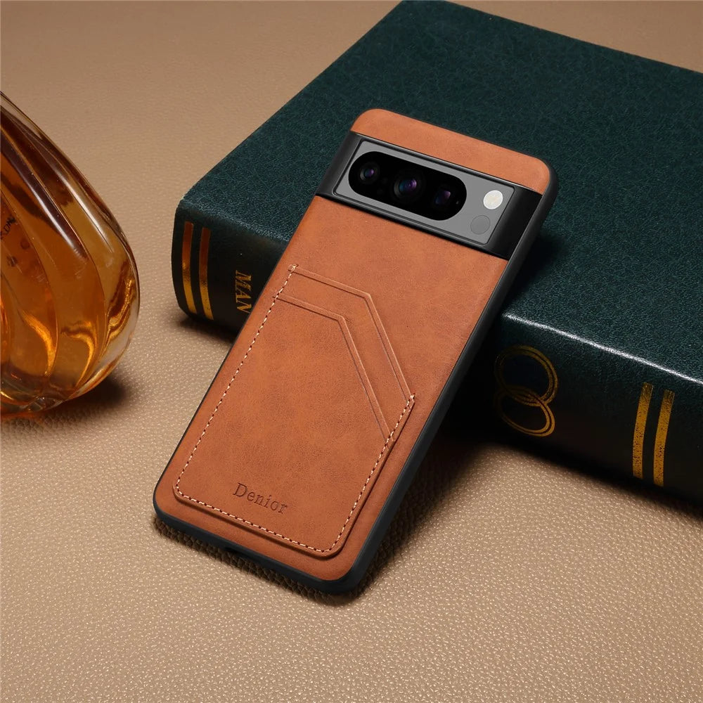 DENIOR For Google Pixel 8 Pro Cell Phone Case Retro Dual Card Slots Back Shell - Brown - 6