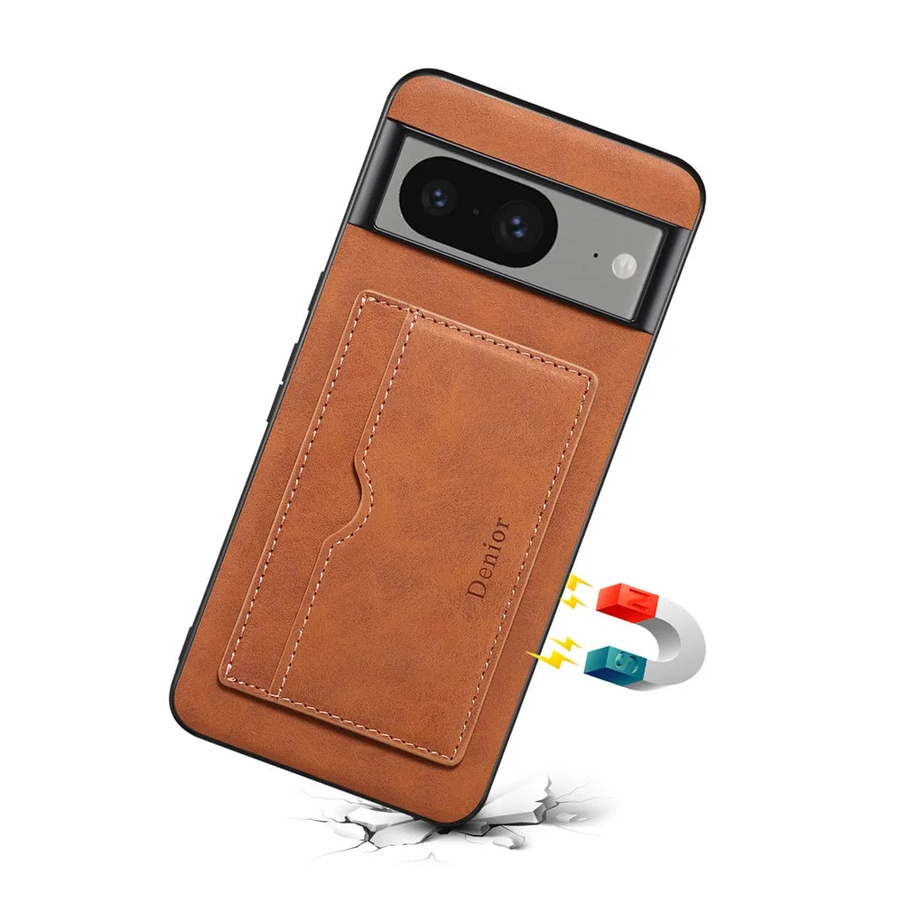 DENIOR For Google Pixel 8 Case Retro Leather+TPU+PC Card Holder Phone Cover - Brown - 2