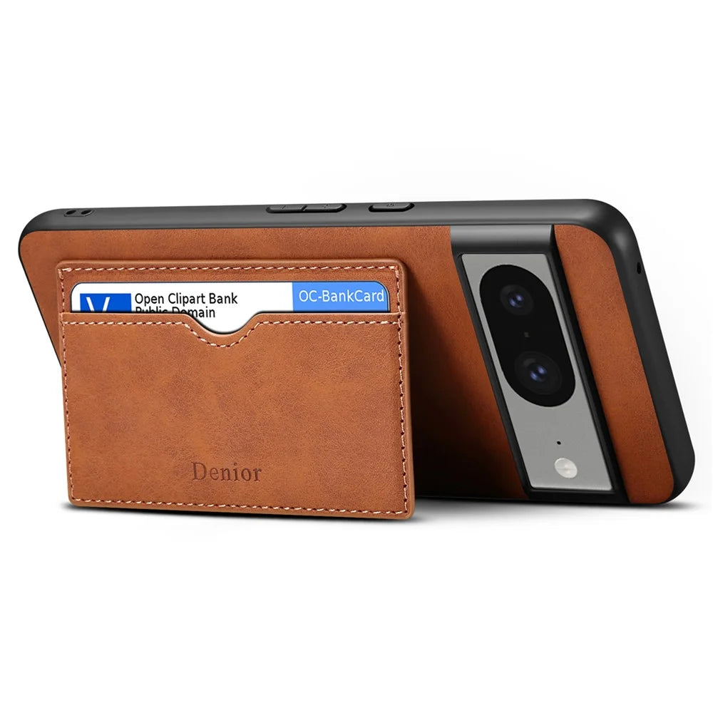 DENIOR For Google Pixel 8 Case Retro Leather+TPU+PC Card Holder Phone Cover - Brown - 3