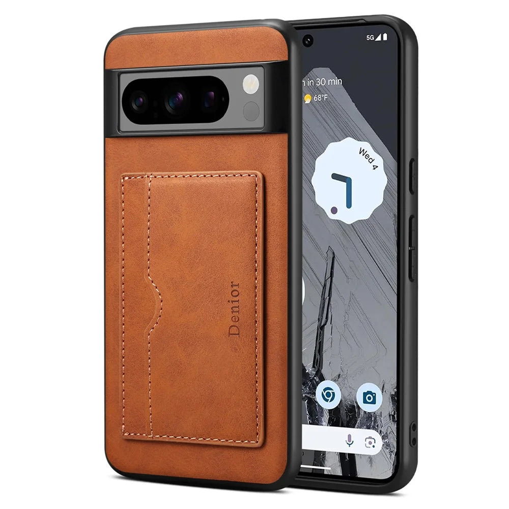 DENIOR For Google Pixel 8 Pro Case Leather+TPU+PC Kickstand Protective Cover - Brown - 4