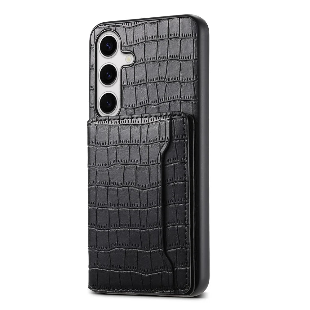 For Samsung Galaxy S24+ Case with Card Holder Crocodile Texture PU Leather Phone Back Cover - Black - 1