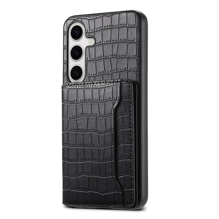 For Samsung Galaxy S24+ Case with Card Holder Crocodile Texture PU Leather Phone Back Cover - Black - 1