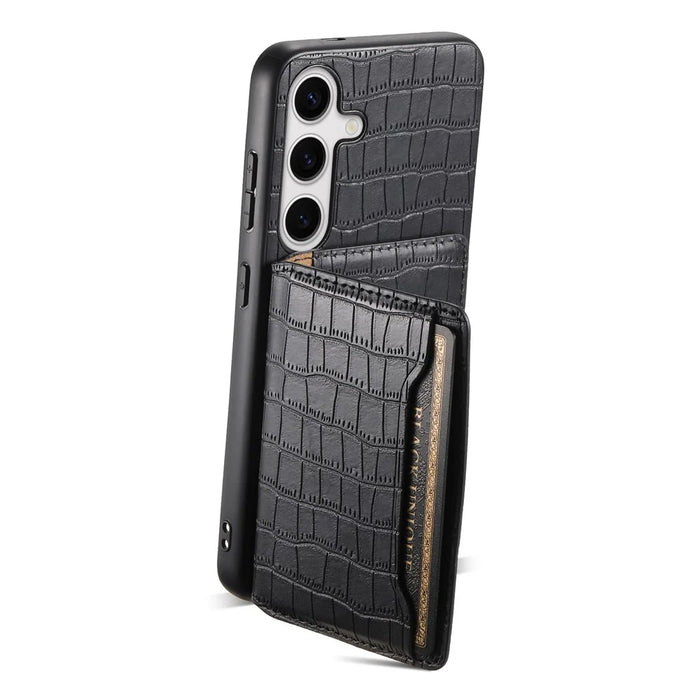 For Samsung Galaxy S24+ Case with Card Holder Crocodile Texture PU Leather Phone Back Cover - Black - 2