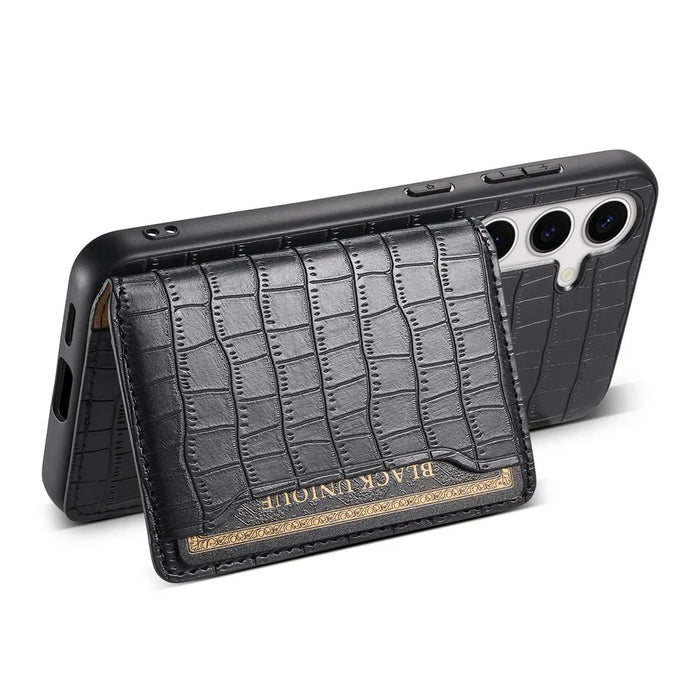 For Samsung Galaxy S24+ Case with Card Holder Crocodile Texture PU Leather Phone Back Cover - Black - 3