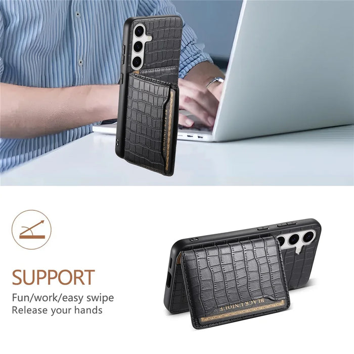 For Samsung Galaxy S24+ Case with Card Holder Crocodile Texture PU Leather Phone Back Cover - Black - 5