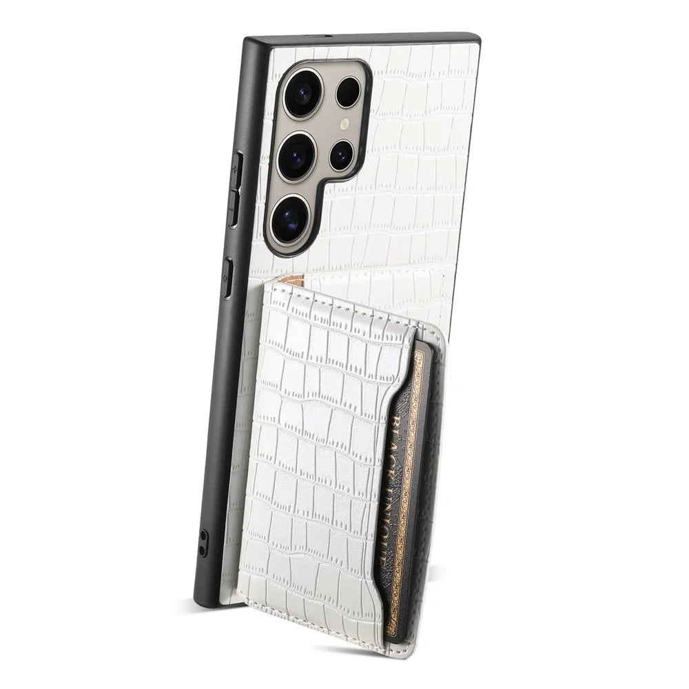 For Samsung Galaxy S24 Ultra Case Crocodile Texture Card Slot Kictsand Phone Cover - White - 2