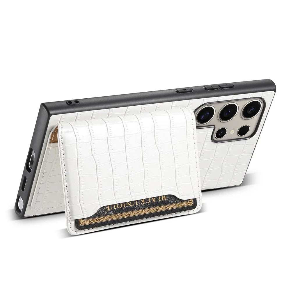 For Samsung Galaxy S24 Ultra Case Crocodile Texture Card Slot Kictsand Phone Cover - White - 3