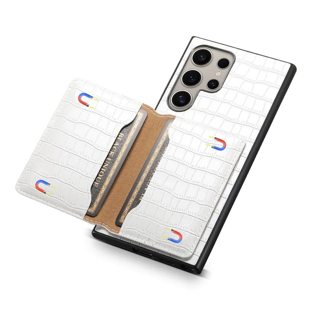 For Samsung Galaxy S24 Ultra Case Crocodile Texture Card Slot Kictsand Phone Cover - White - 4