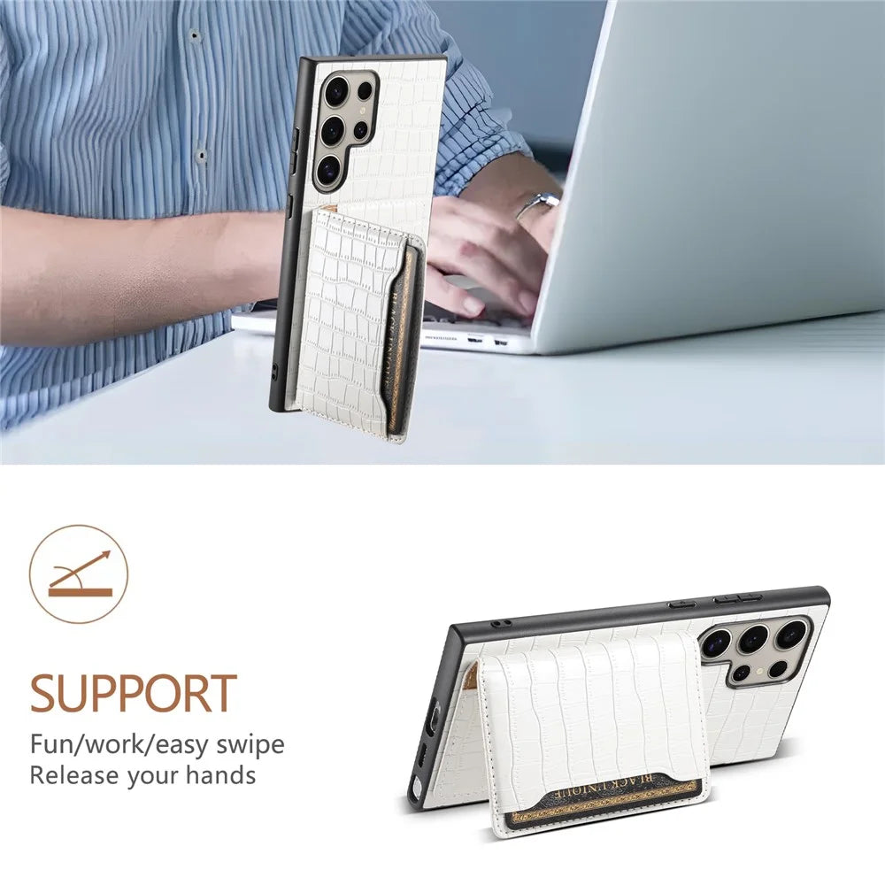 For Samsung Galaxy S24 Ultra Case Crocodile Texture Card Slot Kictsand Phone Cover - White - 5