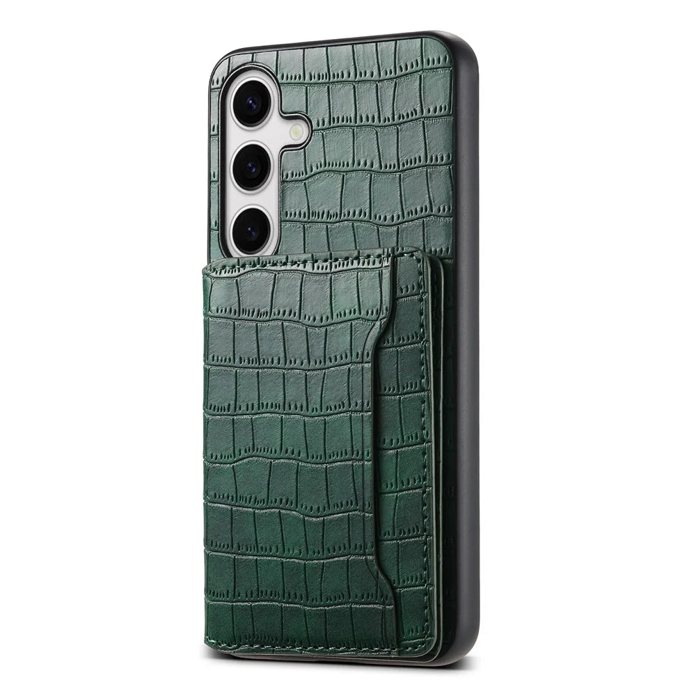 For Samsung Galaxy S24 Card Holder Case Leather+PC+TPU Phone Cover Crocodile Texture - Green - 1