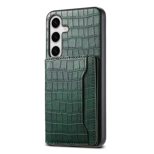 For Samsung Galaxy S24 Card Holder Case Leather+PC+TPU Phone Cover Crocodile Texture - Green - 1