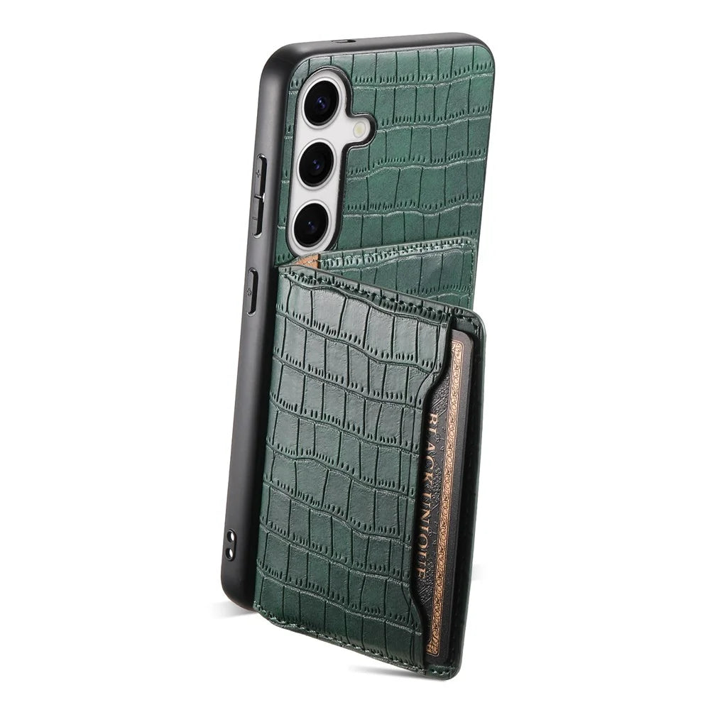 For Samsung Galaxy S24 Card Holder Case Leather+PC+TPU Phone Cover Crocodile Texture - Green - 2