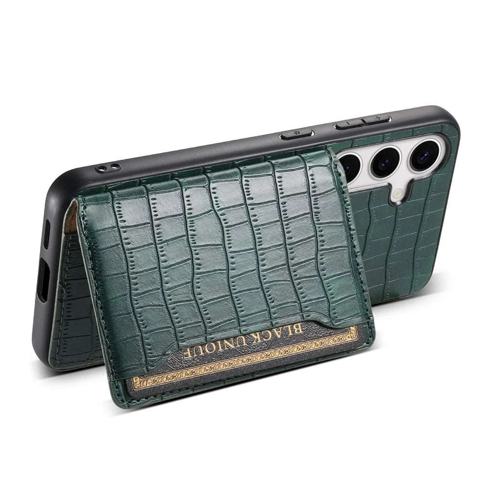 For Samsung Galaxy S24 Card Holder Case Leather+PC+TPU Phone Cover Crocodile Texture - Green - 3