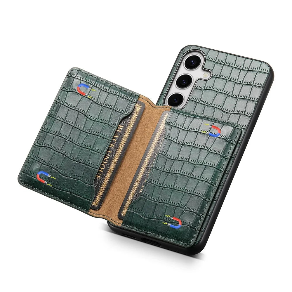 For Samsung Galaxy S24 Card Holder Case Leather+PC+TPU Phone Cover Crocodile Texture - Green - 4