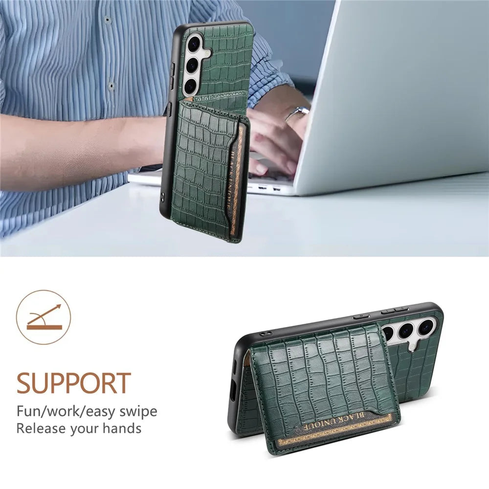 For Samsung Galaxy S24 Card Holder Case Leather+PC+TPU Phone Cover Crocodile Texture - Green - 5