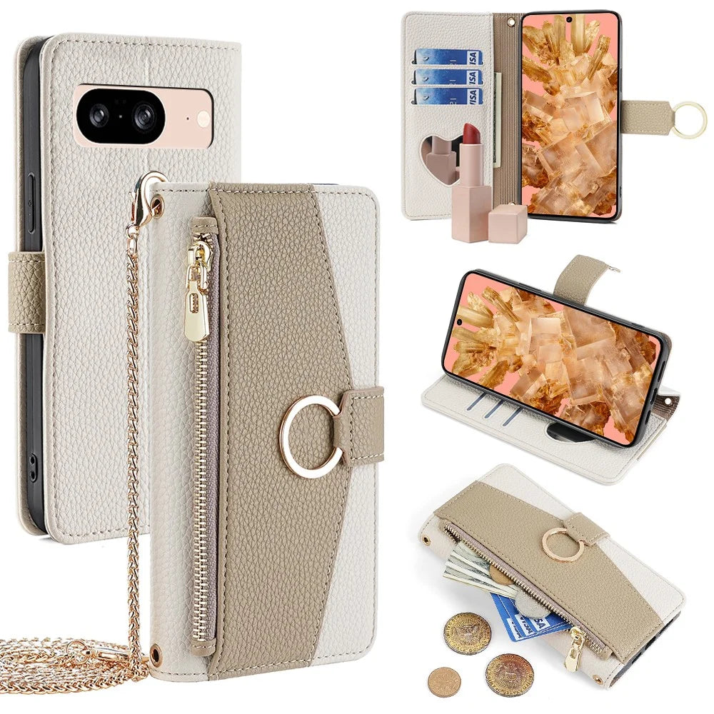 For Google Pixel 8 Case PU Leather+TPU Crossbody Phone Cover with Mirror - White - 1
