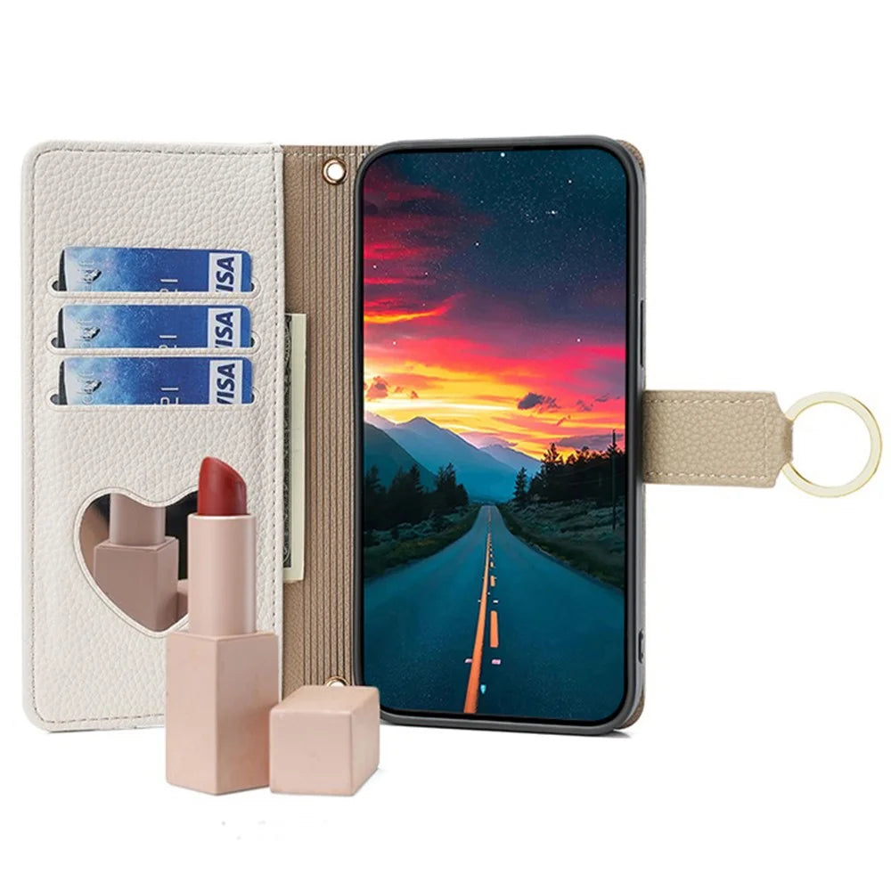 For Google Pixel 8 Case PU Leather+TPU Crossbody Phone Cover with Mirror - White - 2