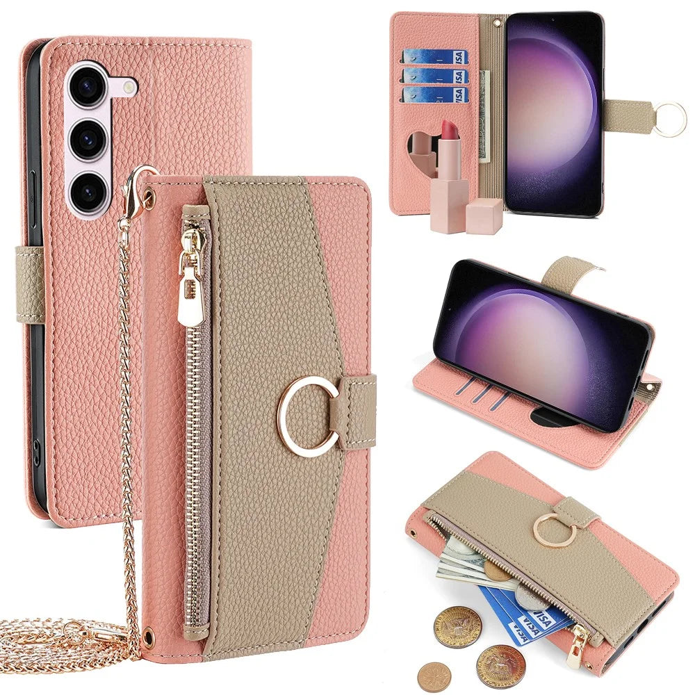 For Samsung Galaxy S23+ Case PU Leather Zipper Wallet Phone Cover with Crossbody Chain - Pink - 1