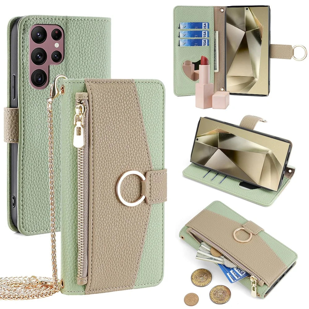 Zipper Wallet Case for Samsung Galaxy S24 Ultra Shell PU Leather Crossbody Phone Cover - Green - 1