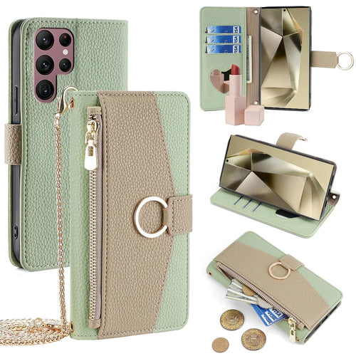 Zipper Wallet Case for Samsung Galaxy S24 Ultra Shell PU Leather Crossbody Phone Cover - Green - 1