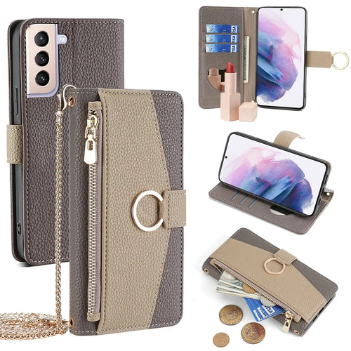 For Samsung Galaxy S21+ 5G Case Card Holder Phone Stand Cover Built with Heart Mirror - Grey - 1
