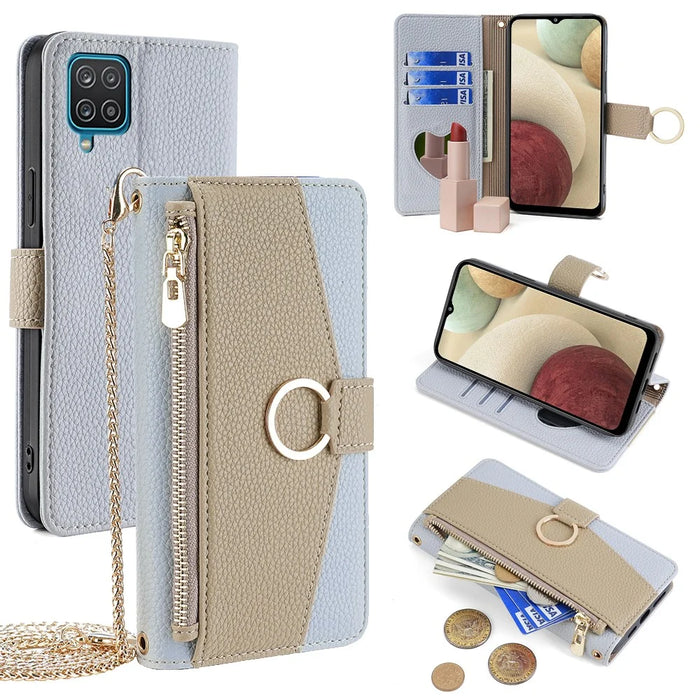 For Samsung Galaxy A12 Magnetic Case Zipper Pocket Wallet Cover with Crossbody Chain Strap - Blue - 1