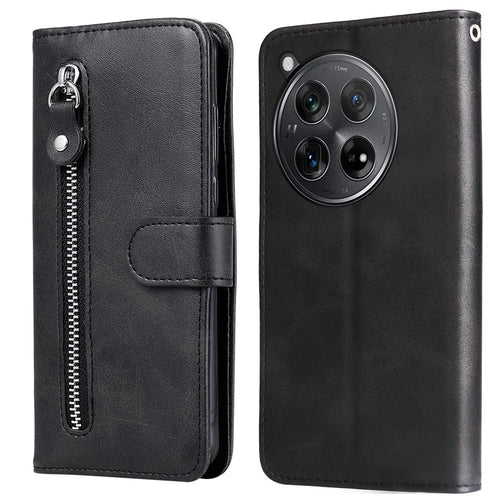 For OnePlus 12R 5G / Ace 3 5G Case Zipper Pocket Calf Texture Phone Cover - Black - 1