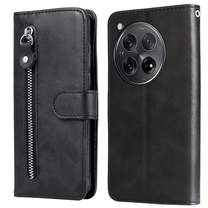 For OnePlus 12R 5G / Ace 3 5G Case Zipper Pocket Calf Texture Phone Cover - Black - 1
