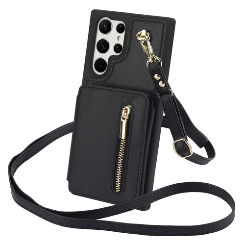For Samsung Galaxy S23 Ultra Crossbody Case Zipper Card Holder Kickstand Phone Cover - Black - 1