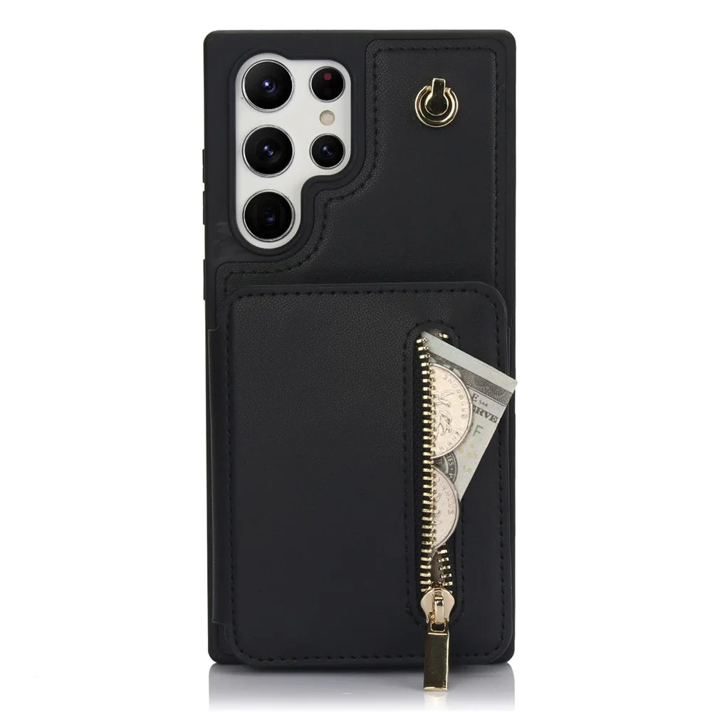 For Samsung Galaxy S23 Ultra Crossbody Case Zipper Card Holder Kickstand Phone Cover - Black - 2