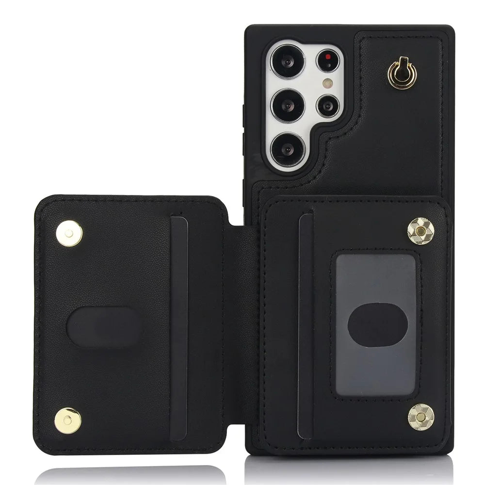 For Samsung Galaxy S23 Ultra Crossbody Case Zipper Card Holder Kickstand Phone Cover - Black - 4
