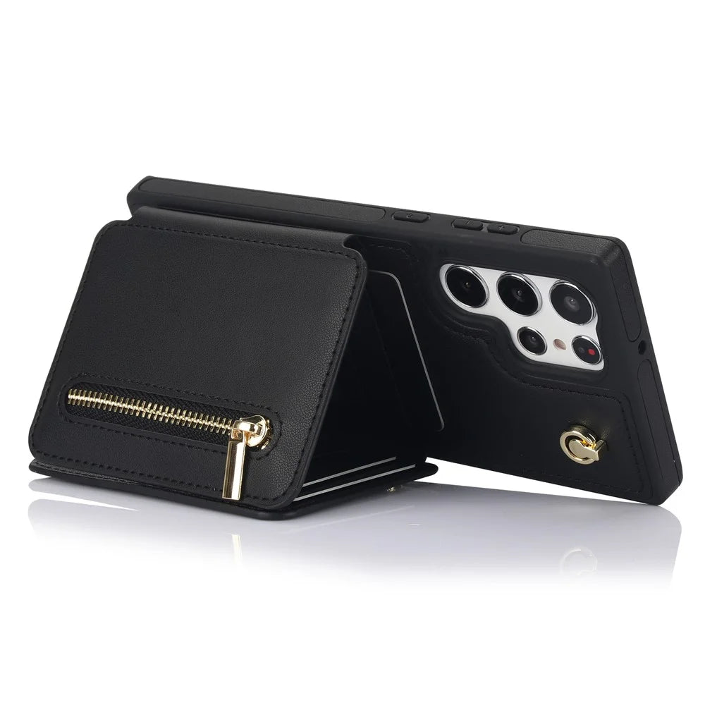For Samsung Galaxy S23 Ultra Crossbody Case Zipper Card Holder Kickstand Phone Cover - Black - 5