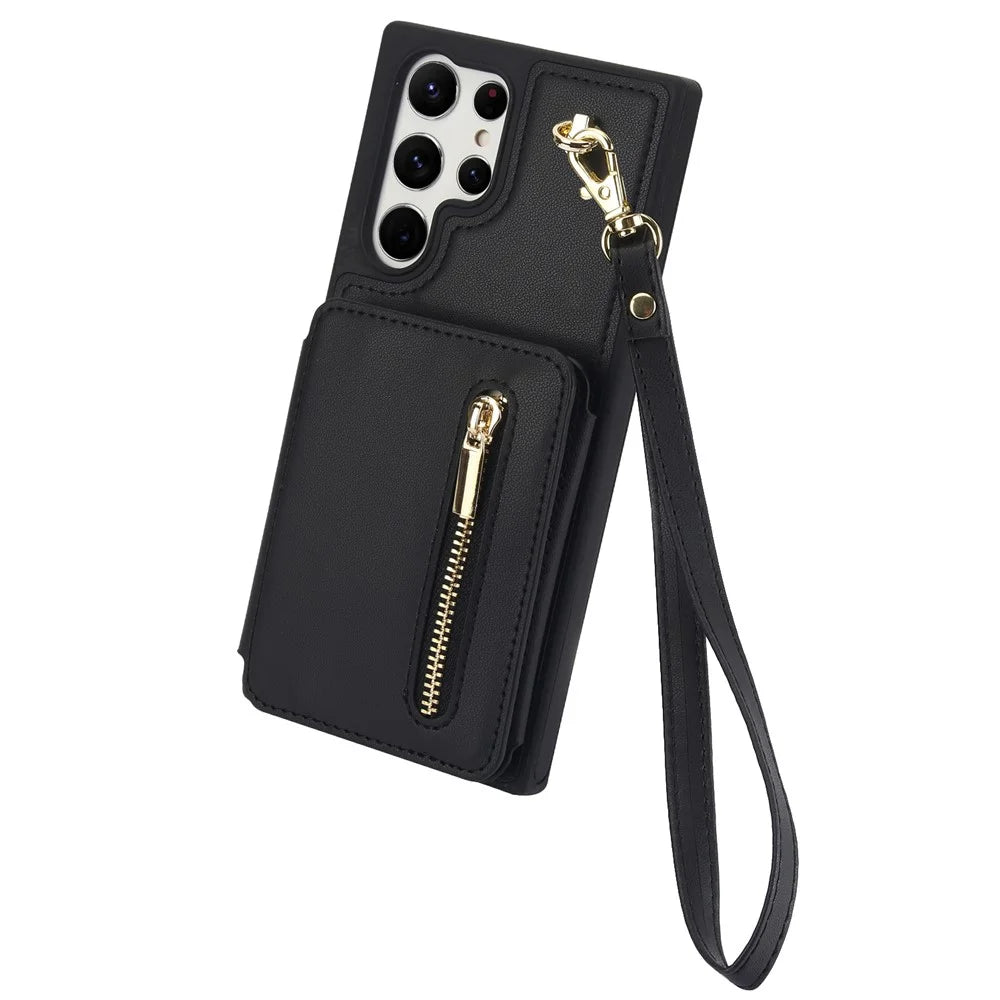 For Samsung Galaxy S23 Ultra Crossbody Case Zipper Card Holder Kickstand Phone Cover - Black - 7